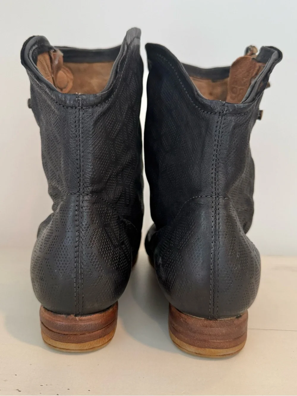 A.S.98 Brielle Peep Toe Slouch Zip Bootie Black Leather Size 38 (US 7.5-8)